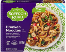 Load image into Gallery viewer, Saffron Road Drunken Noodles package. Wide rice noodles, dark meat chicken, bell peppers in Thai sauce. Hot spice, gluten-free, no antibiotics.
