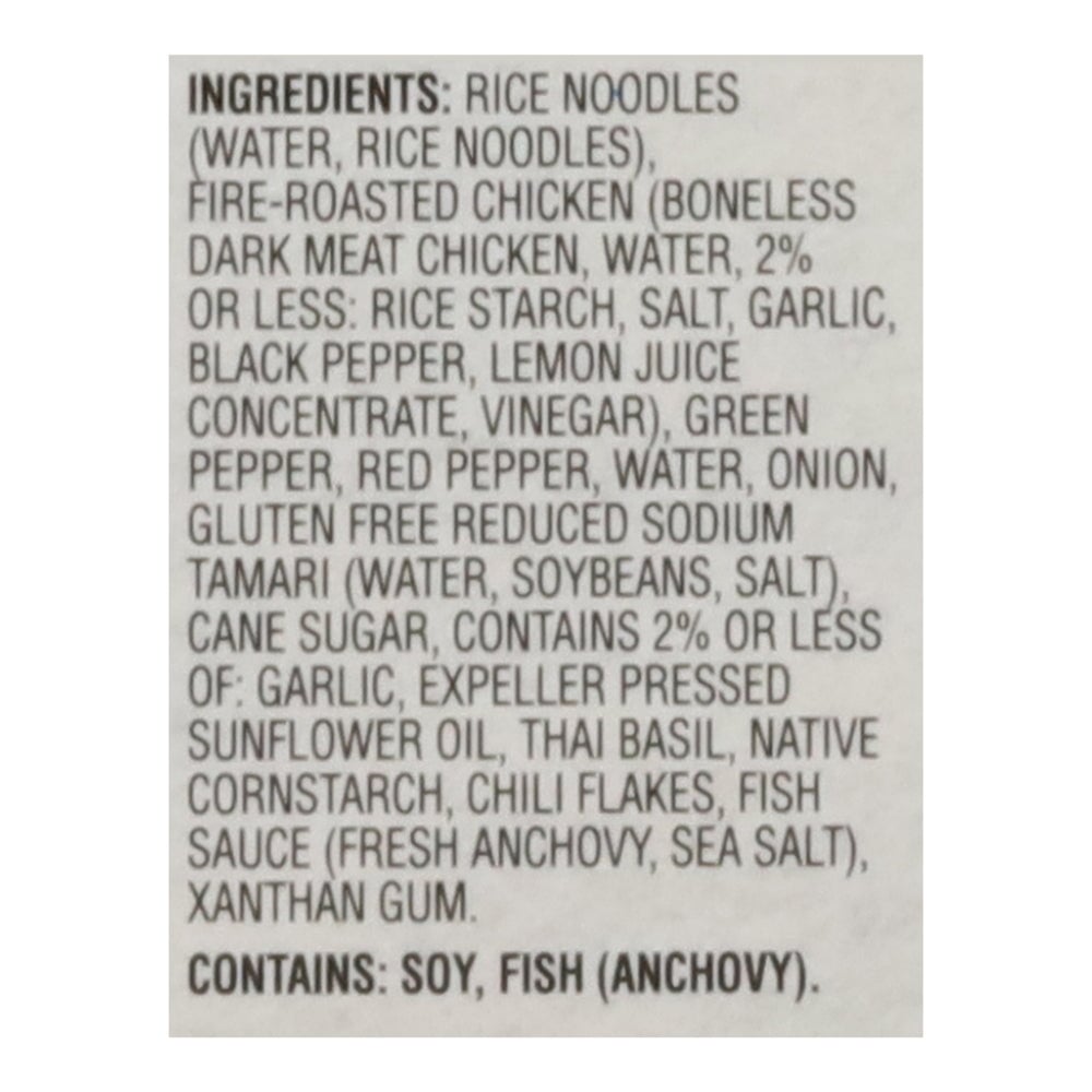 Ingredients list for Saffron Road Drunken Noodles. Main ingredients include rice noodles, fire-roasted chicken, green pepper, red pepper, onion, tamari, and Thai basil. Contains soy and fish.