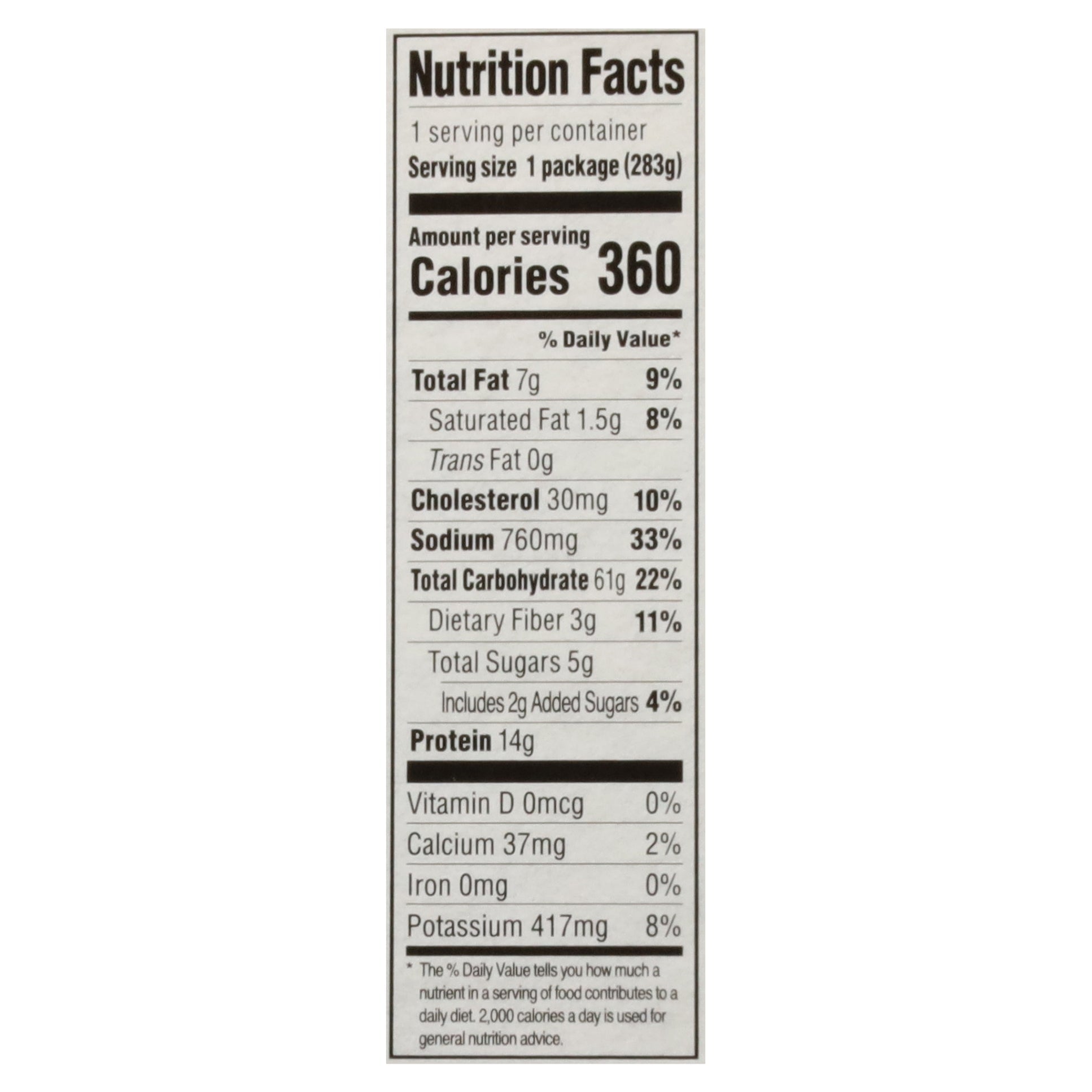 Nutrition Facts for Saffron Road Drunken Noodles. 360 calories, 7g fat, 760mg sodium, 61g carbs, 3g fiber, 14g protein per serving.