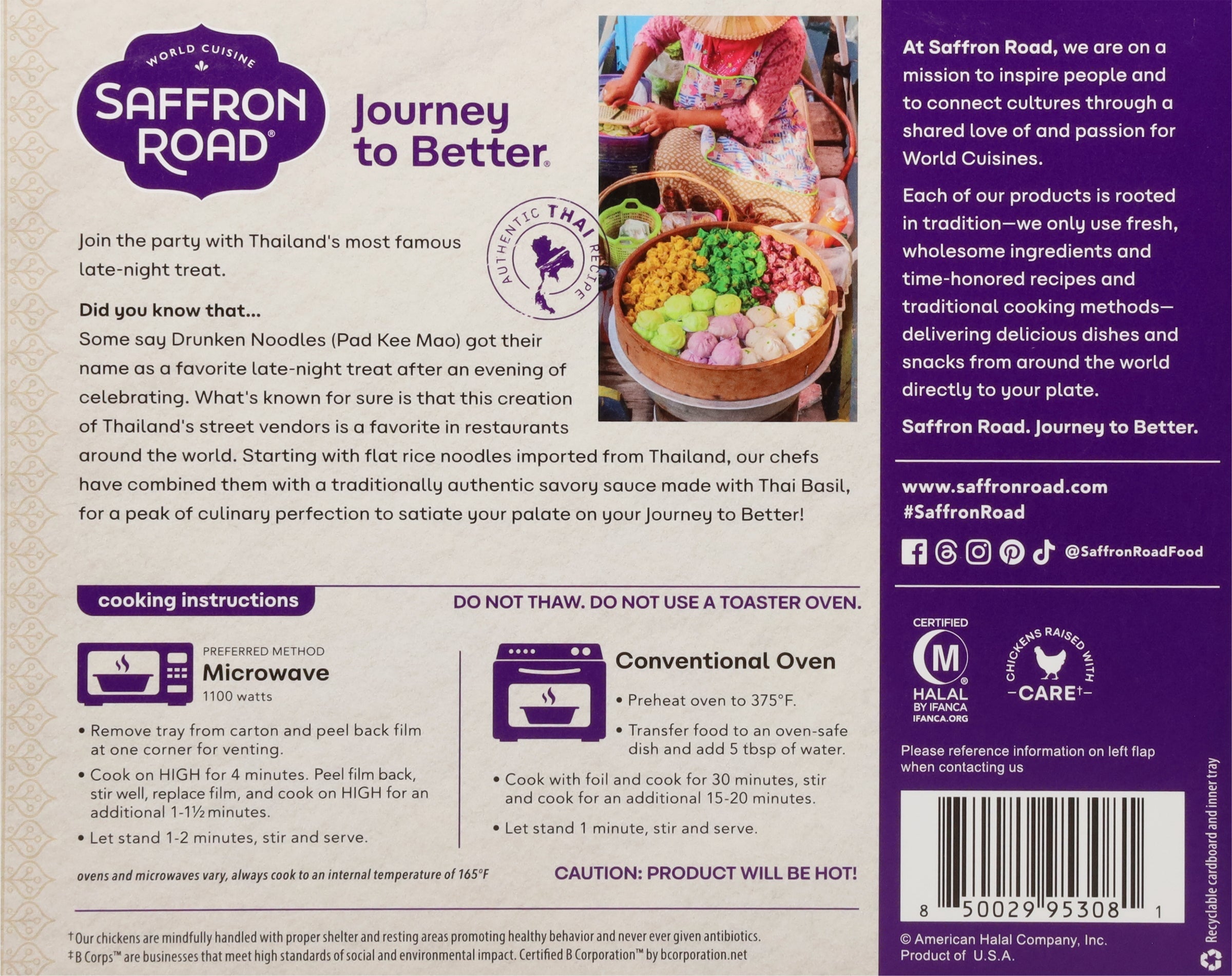 Back of Saffron Road Drunken Noodles package with product info, cooking instructions, and company mission. Includes certification logos.