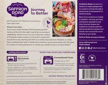 Load image into Gallery viewer, Back of Saffron Road Drunken Noodles package with product info, cooking instructions, and company mission. Includes certification logos.
