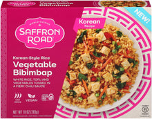 Load image into Gallery viewer, Front of Saffron Road Korean-Style Rice Vegetable Bibimbap package. Korean recipe with white rice, tofu, and vegetables in a chili sauce. Hot spice, vegan, gluten-free.
