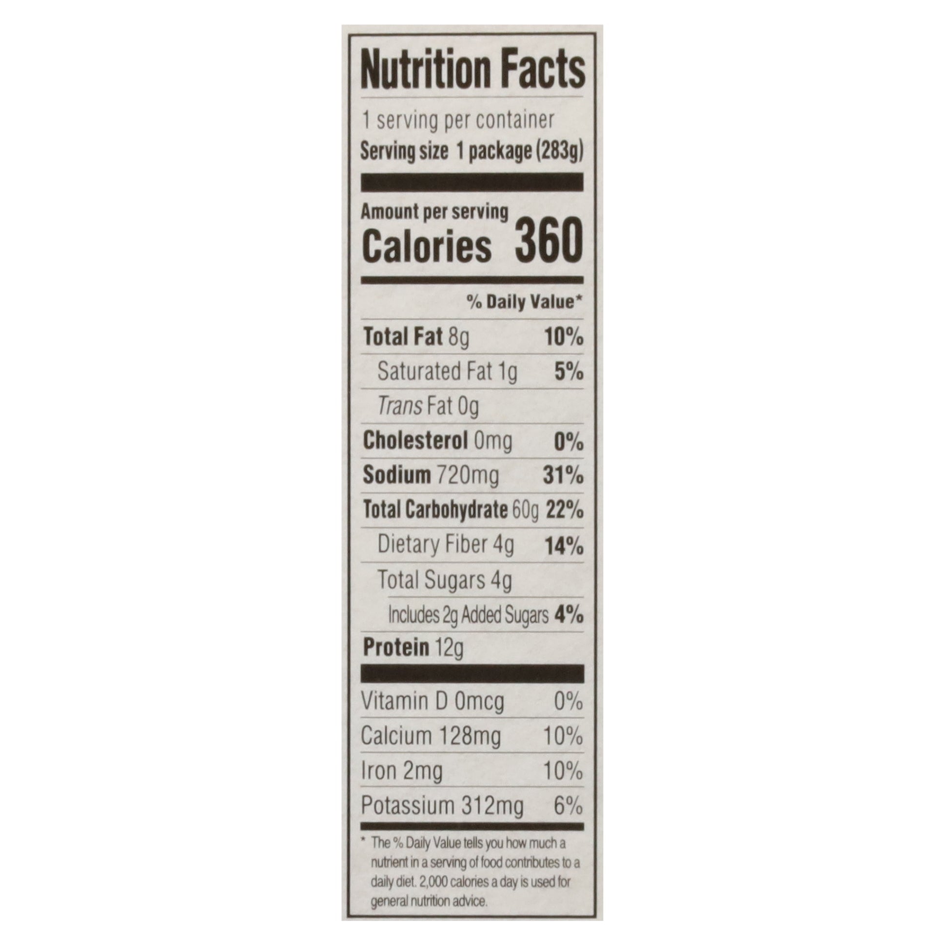 Nutrition Facts for Saffron Road Korean-Style Rice Vegetable Bibimbap. 360 calories, 8g fat, 720mg sodium, 60g carbs, 4g fiber, 12g protein per serving.
