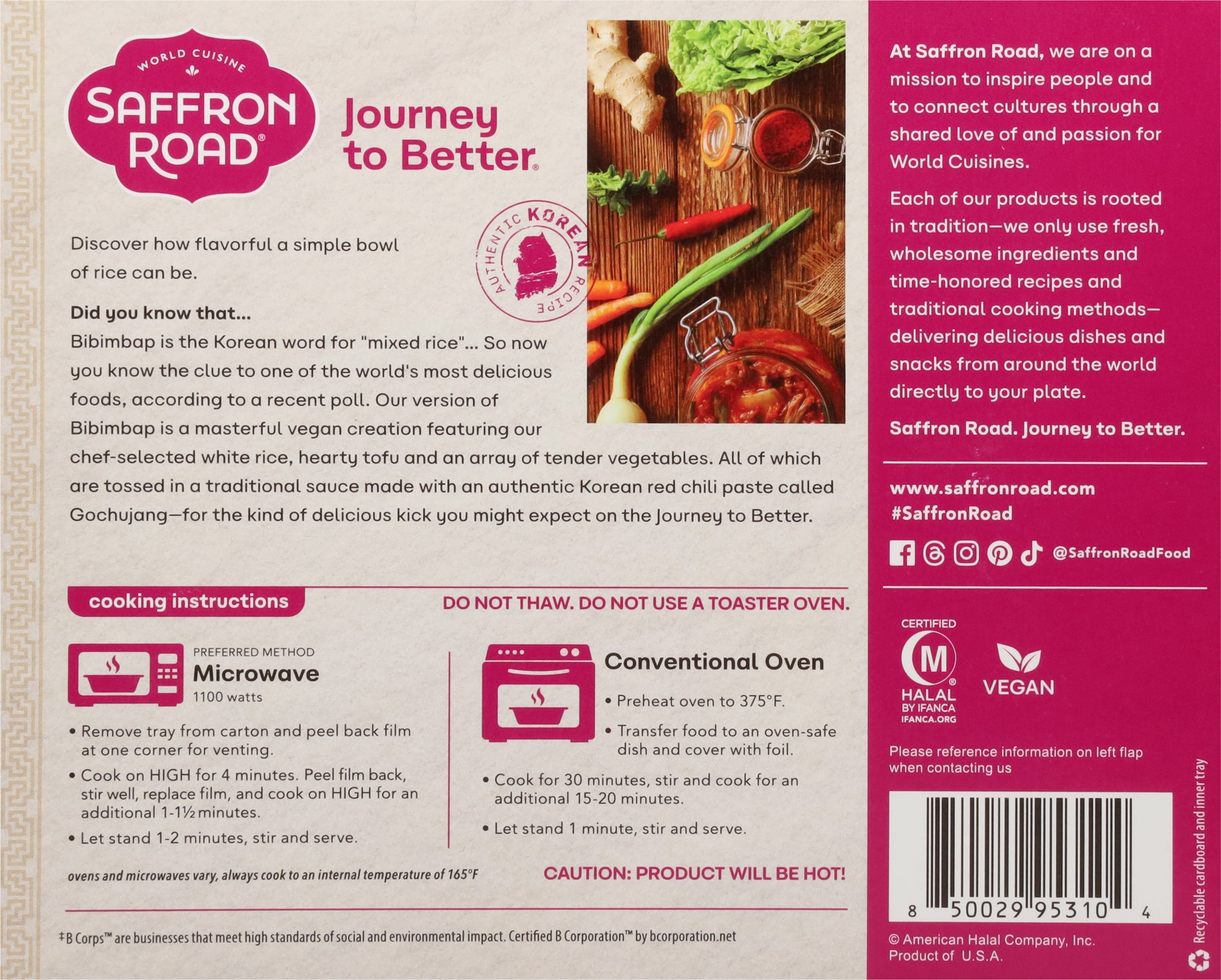 Back of Saffron Road Korean-Style Rice Vegetable Bibimbap package with product info, cooking instructions, and company mission. Includes certification logos.