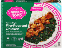 Load image into Gallery viewer, Front of Saffron Road Korean-Style Fire-Roasted Chicken package. Korean recipe with dark meat chicken, spinach, and white rice. Medium spice, gluten-free, no antibiotics.
