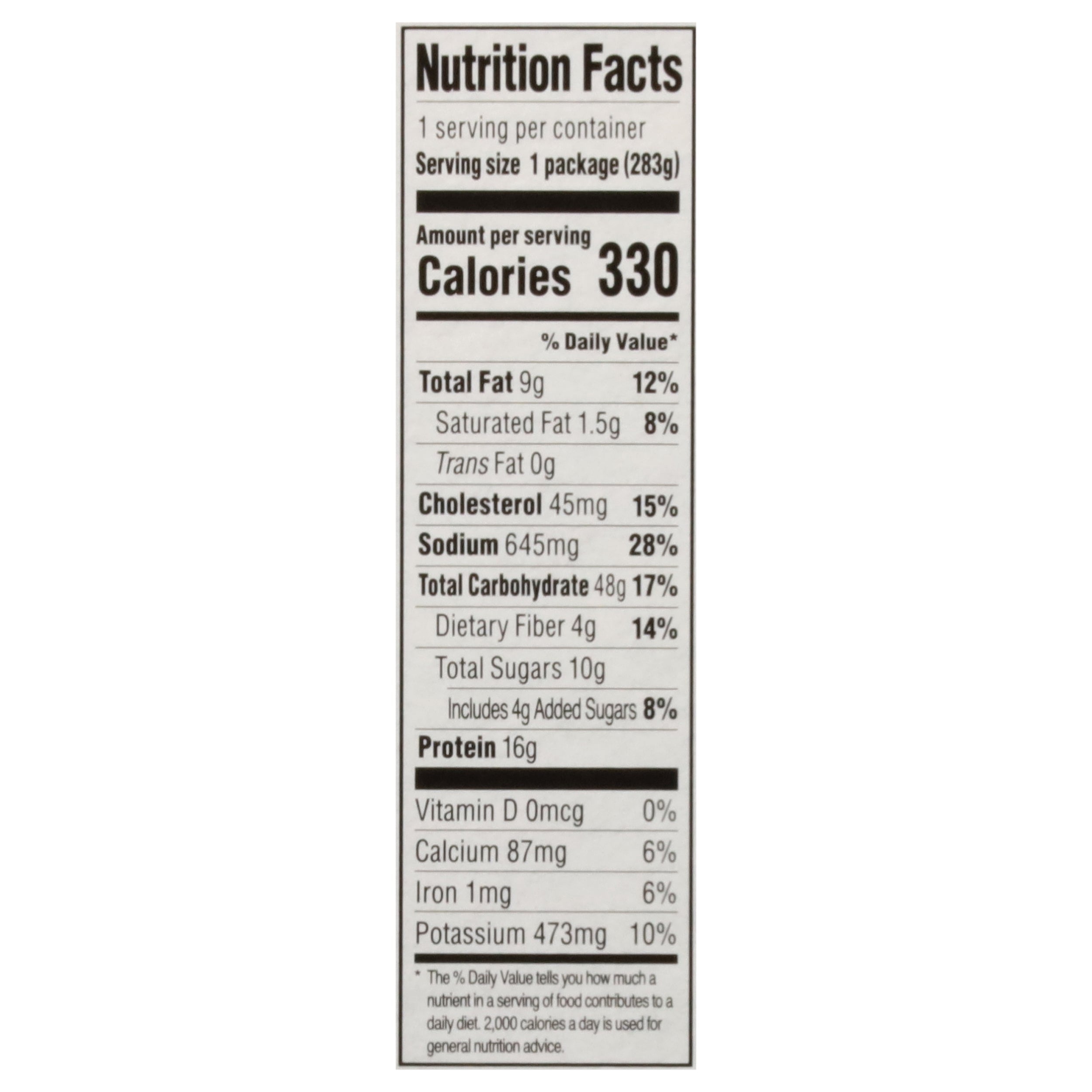 Nutrition Facts for Saffron Road Korean-Style Fire-Roasted Chicken. 330 calories, 9g fat, 645mg sodium, 48g carbs, 4g fiber, 16g protein per serving.