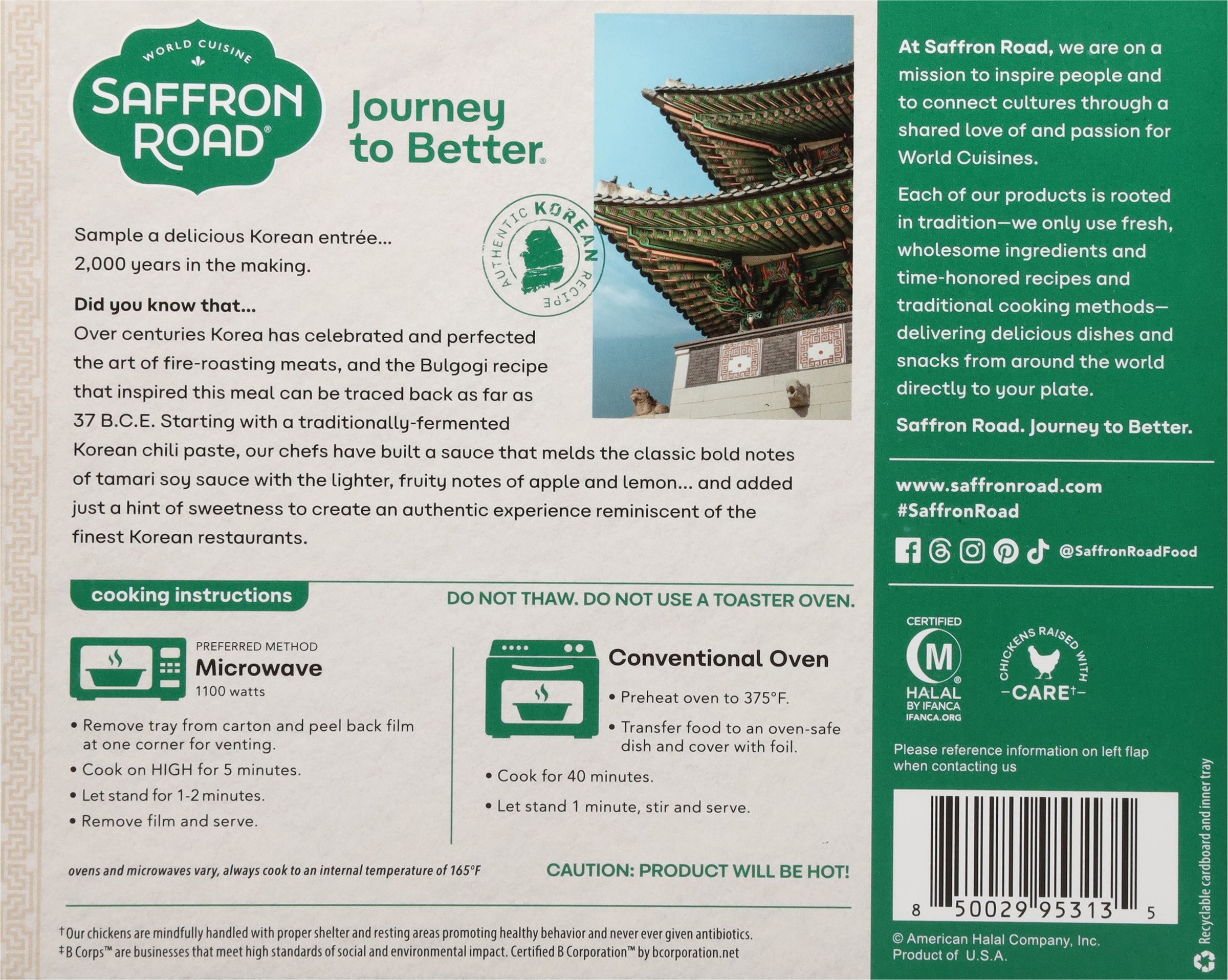 Back of Saffron Road Korean-Style Fire-Roasted Chicken package with product info, cooking instructions, and company mission. Includes certification logos.