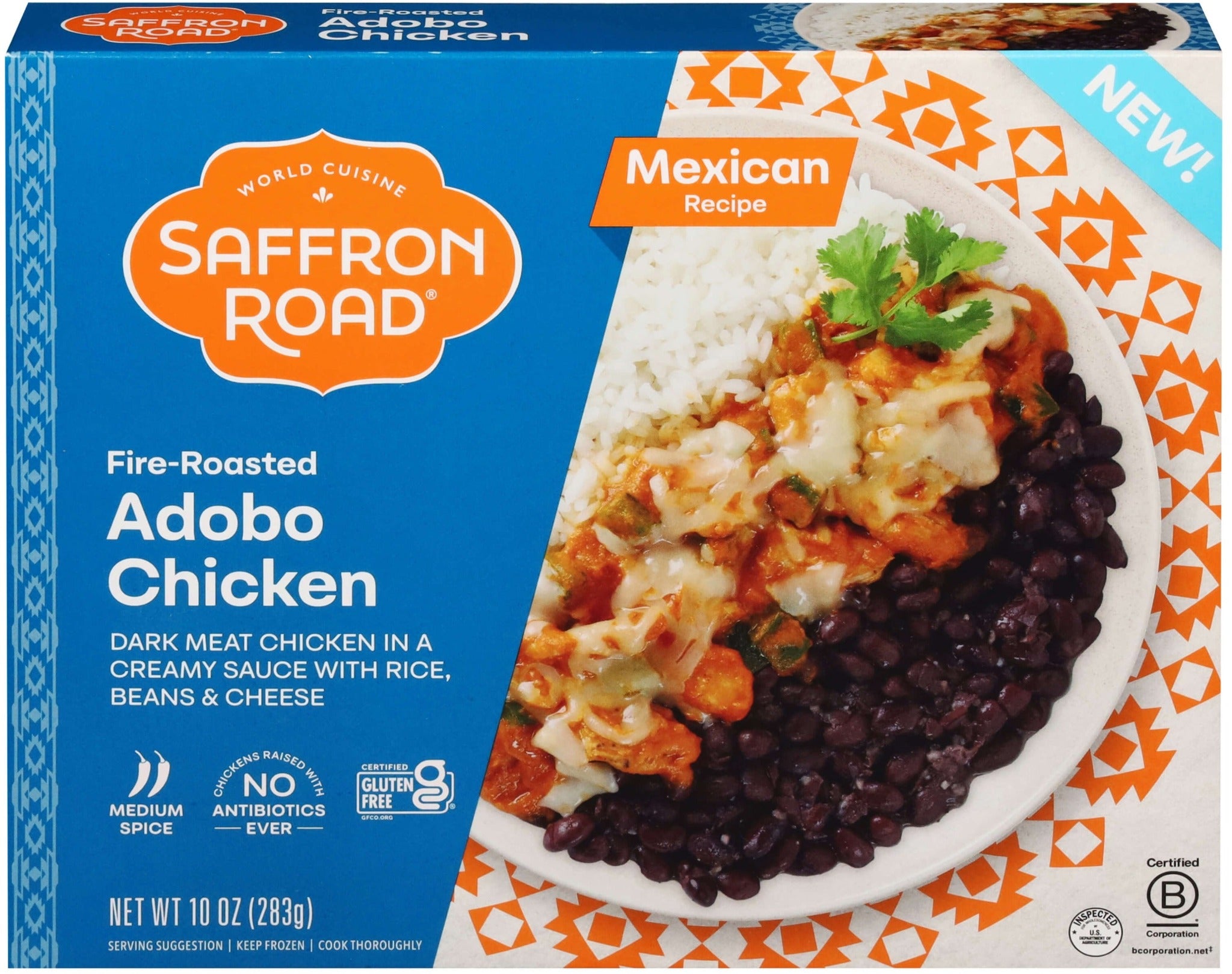 Front of Saffron Road Fire-Roasted Adobo Chicken package. Mexican recipe with dark meat chicken, rice, beans, and cheese. Medium spice, gluten-free, no antibiotics.