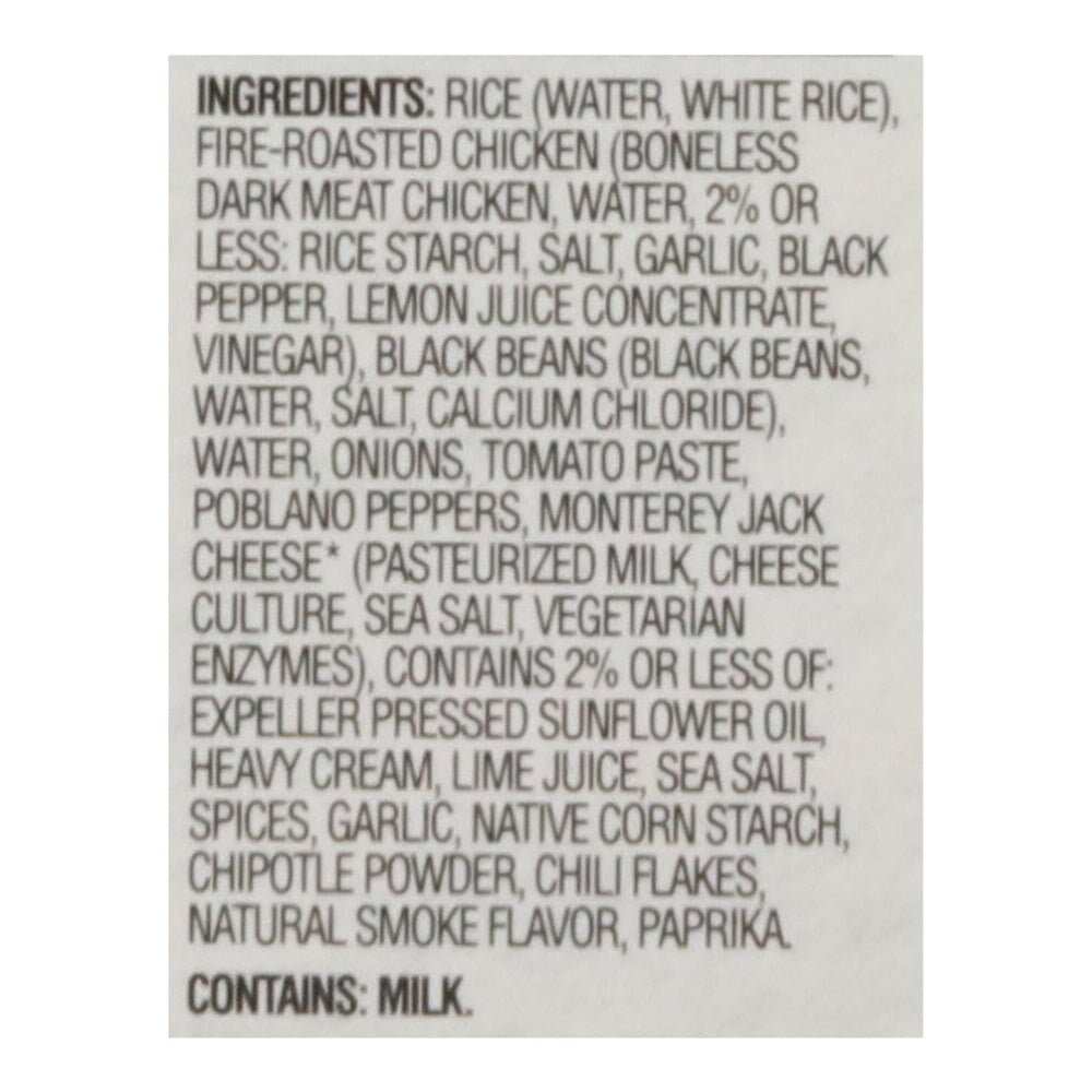 Ingredients list for Saffron Road Fire-Roasted Adobo Chicken. Main ingredients include rice, fire-roasted chicken, black beans, onions, tomato paste, poblano peppers, and Monterey Jack cheese. Contains milk.
