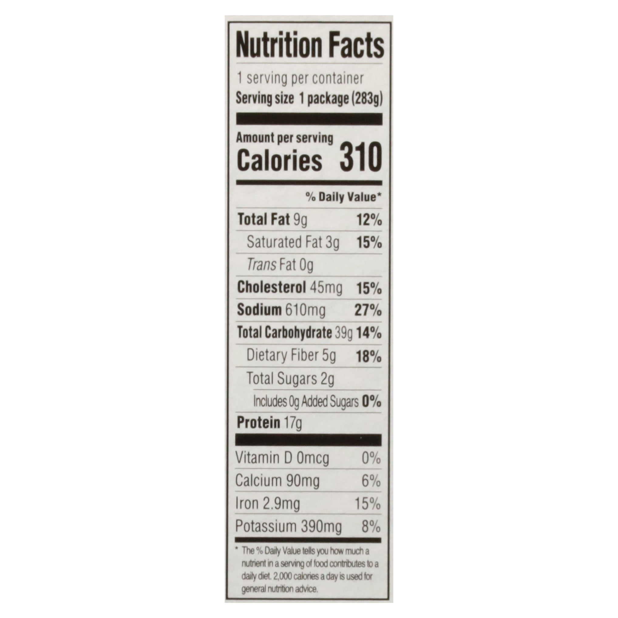 Nutrition Facts for Saffron Road Fire-Roasted Adobo Chicken. 310 calories, 9g fat, 610mg sodium, 39g carbs, 5g fiber, 17g protein per serving.
