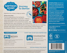 Load image into Gallery viewer, Back of Saffron Road Fire-Roasted Adobo Chicken package with product info, cooking instructions, and company mission. Includes certification logos.
