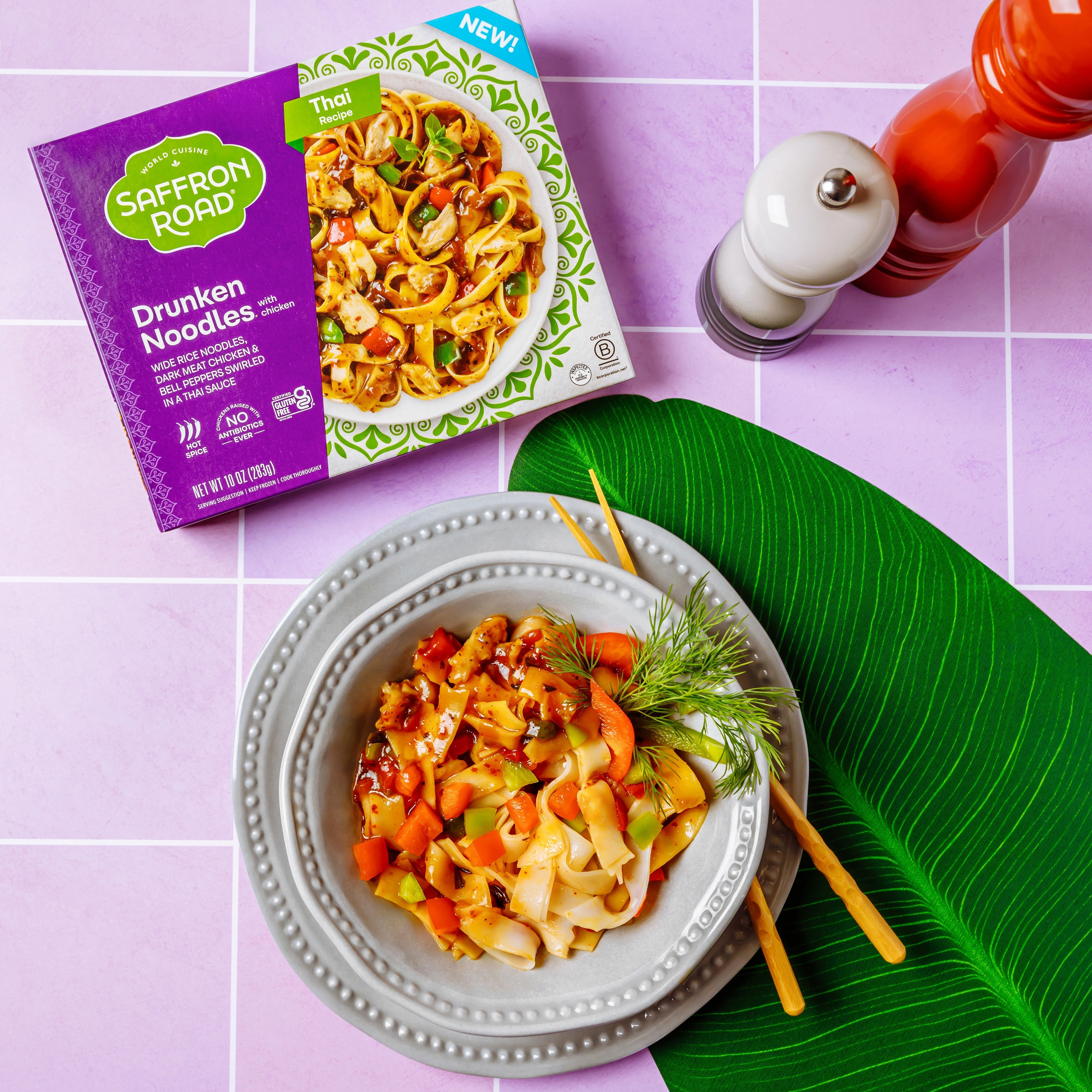 Drunken Noodles with Chicken Frozen Dinner Plated 