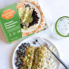 Load image into Gallery viewer, Chicken Enchiladas Poblano Frozen Meal plated on a table
