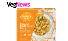 VegNews logo and Saffron Road Coconut Cauliflower Curry Package 9 Healthy Frozen Meal Brands
